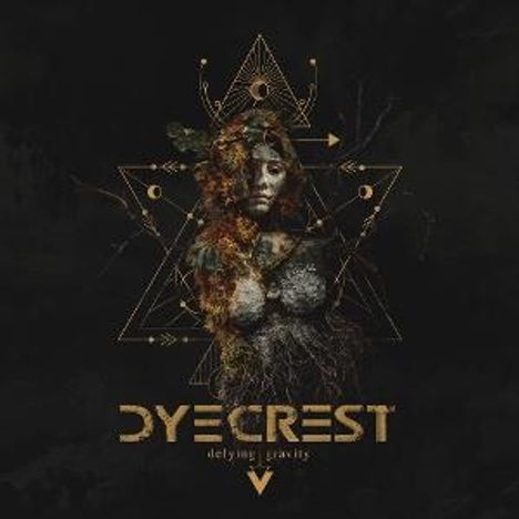 Texte: "DYECREST", "defying gravity". Illustration einer verwobenen, naturbelassenen Figur mit geometrischen Formen.