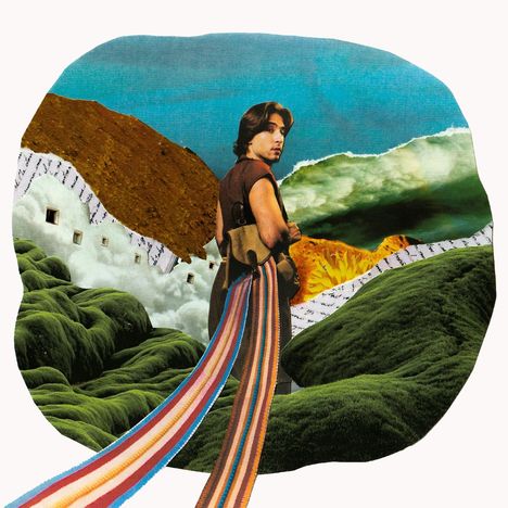 Ein junger Mann blickt zurück, vor surrealer hügeliger Landschaft mit buntem Band im Vordergrund.