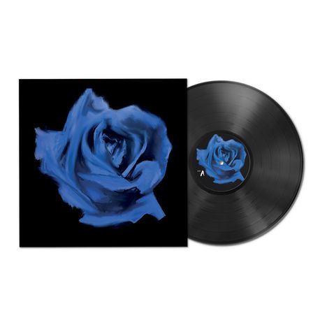 Eine Illustration einer blauen Rose auf schwarzem Hintergrund, abgebildet auf einem Schallplattencover und einer Schallplatte.