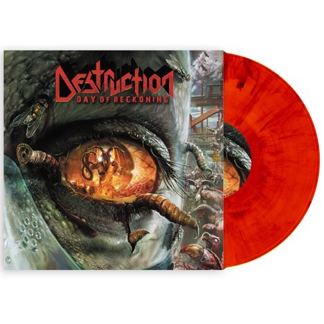 „Destruction: Day of Reckoning“ in roter Schrift. Illustration: Ein entflammtes Auge mit Insekten und Würmern. Beiliegende rote Schallplatte.
