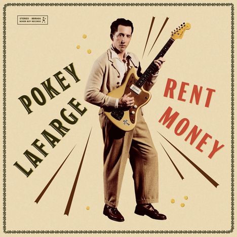 "Pokey LaFarge" und "Rent Money" sind in großen Buchstaben zu sehen. Eine Person hält eine E-Gitarre.