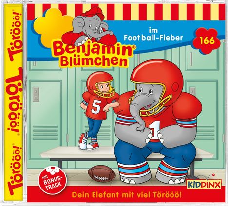 "Benjamin Blümchen im Football-Fieber", Elefant im Football-Outfit mit Kind. "Dein Elefant mit viel Törööö!" Aufkleber: Bonus-Track.