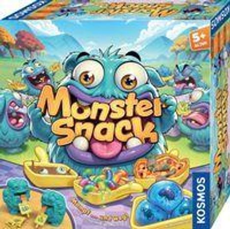 "Monster Snack" steht in großen Buchstaben. Bunte, fröhliche Monster mit Essen umgeben den Schriftzug, für Kinder geeignet.