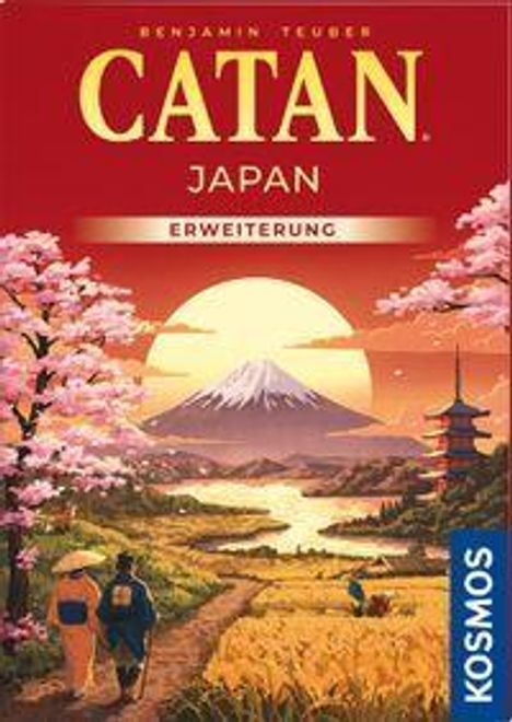 Text: CATAN, JAPAN, ERWEITERUNG, KOSMOS. Illustration zeigt eine Landschaft mit Kirschblüten und Berg im Hintergrund.