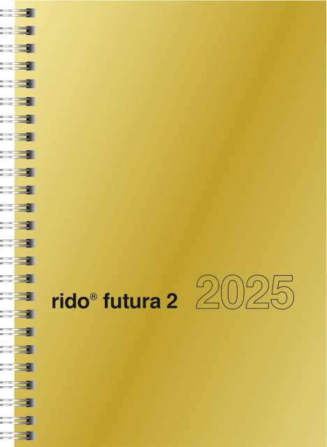 rido/idé 7021121915 Buchkalender Modell futura 2 (2025)| 2 Seiten = 1 Woche| A5| 160 Seiten| Glanzkarton-Einband| goldfarben, Buch