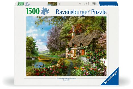 1500, Ravensburger Puzzle. Ein malerisches Landhaus neben einem See, umgeben von Blumen und üppiger Natur.