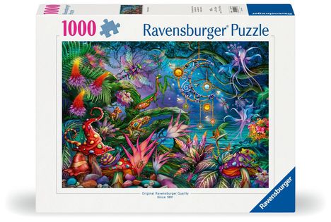 Aufschrift: "1000 Ravensburger Puzzle". Farbenfrohe, fantasievolle Illustration eines tropischen Dschungels mit Pilzen und Pflanzen.