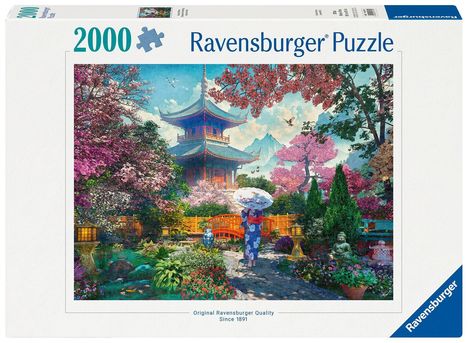 „2000 Ravensburger Puzzle.“ Ein asiatischer Garten mit Pagode und blühenden Bäumen. Eine Person mit Schirm spaziert.