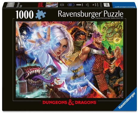 Text: "1000 Ravensburger Puzzle", "DUNGEONS & DRAGONS". Illustration von Fantasy-Charakteren und Monstern in lebendigen Farben.