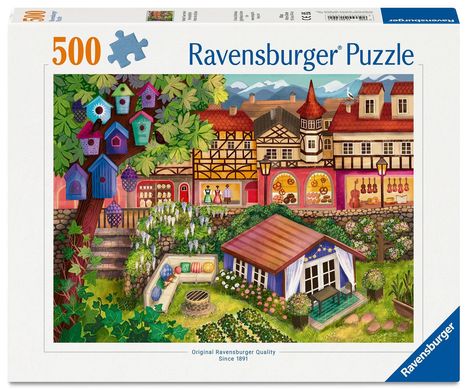 "500 Ravensburger Puzzle" oben. Illustration: Bunte Fachwerkhäuser, Vogelhäuser, üppiger Garten mit Sitzbereich und kleinem Haus.