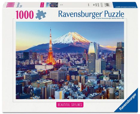 "1000 Ravensburger Puzzle. Beautiful Skylines." zeigt eine Stadt bei Sonnenuntergang mit einem beleuchteten Turm und einem Berg im Hintergrund.