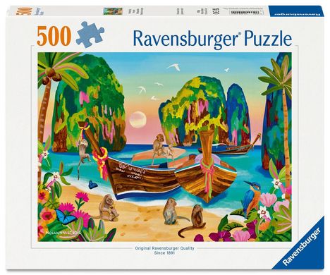 500 Ravensburger Puzzle. Illustration mit Affen auf Booten, tropischen Pflanzen, und bunten Klippen am Strand.