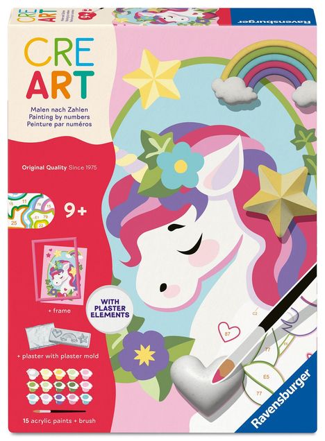 "CRE ART Malen nach Zahlen. 9+. WITH PLASTER ELEMENTS. Ein Einhorn mit bunter Mähne, Blumen und Regenbogen."