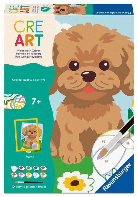 Text: "CREART", "Malen nach Zahlen", "7+", "10 acrylic paints + brush". Illustration eines niedlichen Hundes.