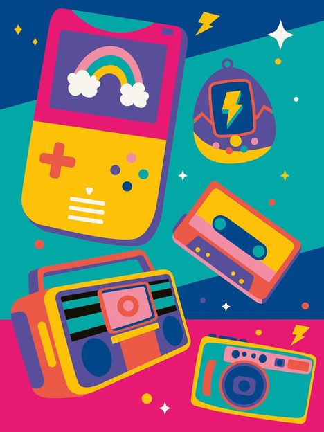Illustration mit Retro-Technik: bunter Gameboy mit Regenbogen, Tamagotchi, Kassette, Radio und Kamera.