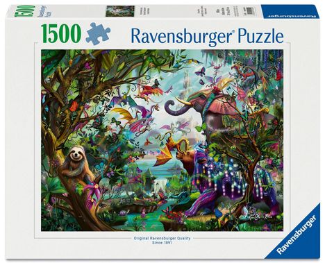 "1500 Ravensburger Puzzle" steht auf der Verpackung. Illustration eines bunten Dschungels mit Tieren, Drachen und Schmetterlingen.