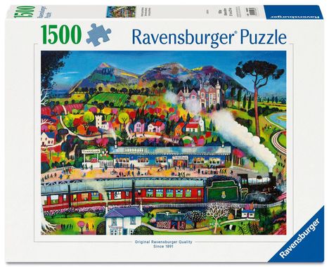 „1500 Ravensburger Puzzle.“ Malerische Landschaft mit bunten Bäumen, Bergen, einem Zug und Bahnhof.