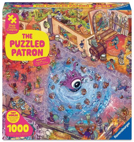 "THE PUZZLED PATRON", "Magic Puzzle Company", "1000 pieces", bunte Illustration mit einem pinken Monster in einer belebten Szene.