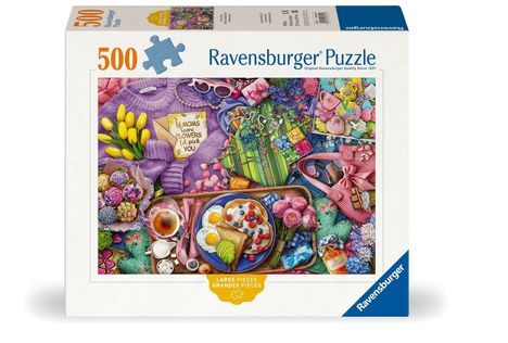 "IF MOMS WERE FLOWERS, I'D PICK YOU" steht auf einer Karte. Puzzle mit Frühstück, Blumen und Accessoires.