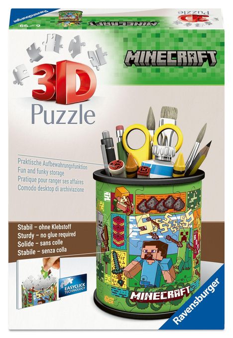"3D Puzzle", "Minecraft", "Praktische Aufbewahrungsfunktion", bunter Becher mit Bastelutensilien und Minecraft-Motiven.