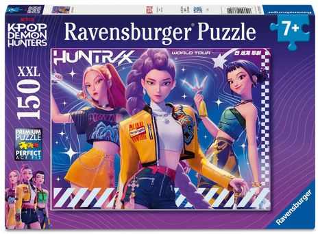 "Ravensburger Puzzle", "K-Pop Demon Hunters", "HUNTRIX", "World Tour", "150 XXL", Illustration mit drei stilisierten Figuren.
