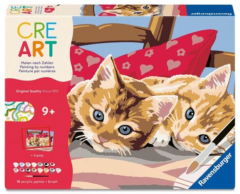 Text: CRE ART, Malen nach Zahlen, Original Quality Since 1975, 9+, 15 acrylic paints + brush. Zwei Katzen auf einem Kissen.