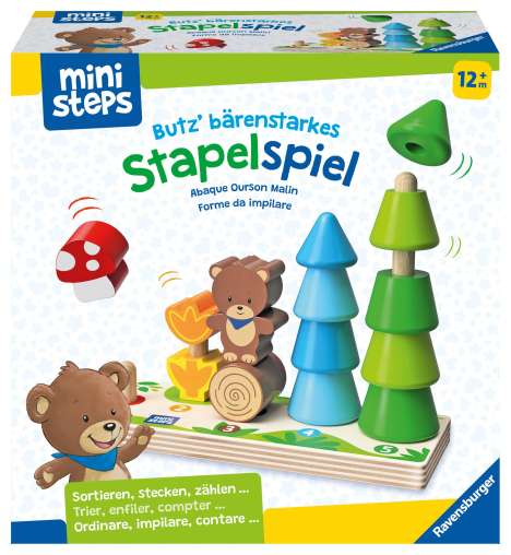 Ravensburger ministeps 4580 Butz' bärenstarkes Stapelspiel, Stapelbrett aus Holz mit Türmchen von 1-5 Teilen, Baby-Spielzeug ab 1 Jahr, Spiele