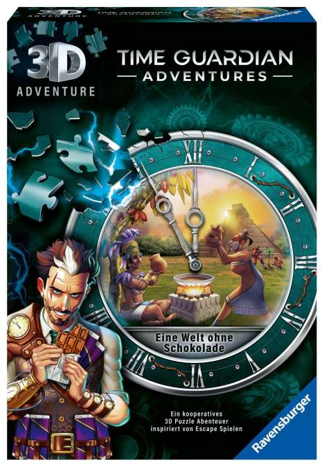 Ravensburger 3D Adventure 11540 TIME GUARDIANS - Eine Welt ohne Schokolade - Escape Room Spiel, für 1 bis 4 Spieler - Kooperatives 3D Puzzle Abenteuer - einmaliges Event-Spiel ab 12 Jahren, Spiele