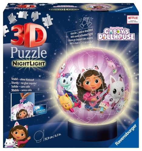 Ravensburger 3D Puzzle 11575 - Nachtlicht Puzzle-Ball Gabby's Dollhouse - für Gabby's Dollhouse Fans ab 6 Jahren, LED Nachttischlampe mit Klatsch-Schalter, Diverse
