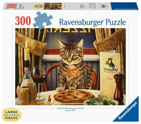 Ravensburger Puzzle: 300 Teile. Illustration: Katze vor Pizza und Wein in Pizzeria. Logo „IL GATTO“ mit Pizzamotiv.
