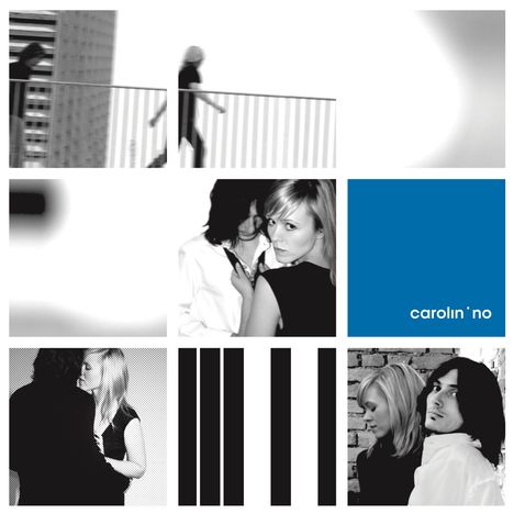 Text: "carolin’ no". Schwarz-weiße Fotocollage; zeigt ein Paar in verschiedenen Szenen und geometrische Formen.
