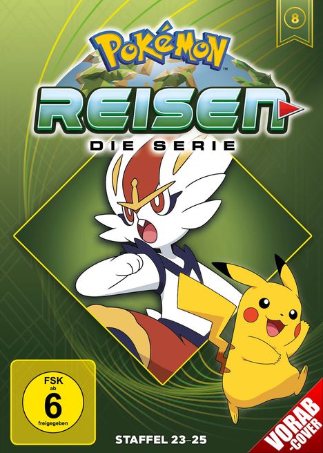 "Pokémon Reisen: Die Serie" zeigt ein kämpfendes Pokémon und Pikachu auf grünem Hintergrund. FSK 6, Staffel 23-25.