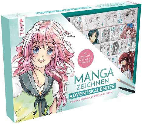 Gecko Keck: Manga zeichnen Adventskalender - Manga zeichnen lernen in 24 Tagen. Mit Anleitungsbuch, Workbook und Zeichenmaterial, Diverse
