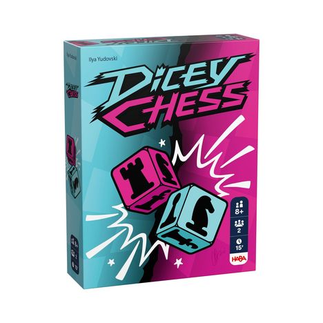 "Dicey Chess", Ilya Yudovski. Zwei bunte Würfel, eine mit einer Turmfigur, eine mit einem Springer. Helle, dynamische Farben.