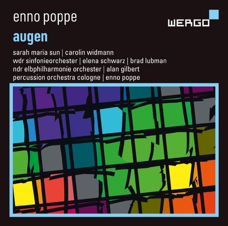 Der Text gibt Musiker und Orchester an. Hintergrund: Bunte abstrakte Illustration mit schwarzen Linien.