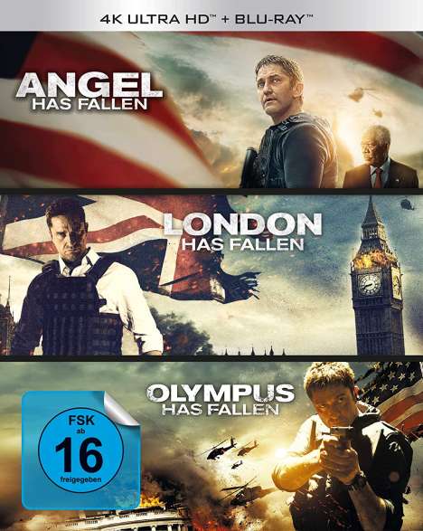 Olympus Has Fallen / London Has Fallen / Angel Has Fallen (Ultra HD Blu-ray &amp; Blu-ray), 3 Ultra HD Blu-rays und 3 Blu-ray Discs