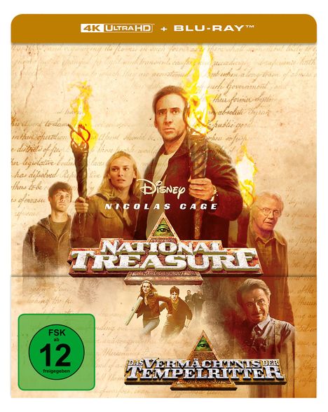 "4K Ultra HD + Blu-ray™", "Disney", "Nicolas Cage", "National Treasure", "Das Vermächtnis der Tempelritter", "FSK ab 12 freigegeben". Eine Gruppe mit Fackeln.