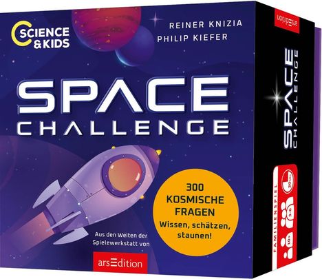 "SPACE CHALLENGE", 300 kosmische Fragen. Familienfreundliches Spiel, illustriert mit einem bunten Raketen- und Planetenmotiv.