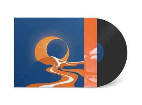 Auf der linken Seite steht „Seite 1“. Ein himmelblau-orangefarbenes Design mit einem Fluss Richtung Sonne.