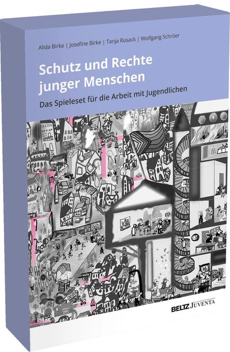 "Schutz und Rechte junger Menschen. Das Spieleset für die Arbeit mit Jugendlichen." Darunter schwarz-weiße Illustration.