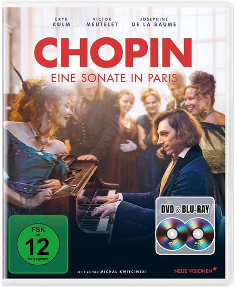 „CHOPIN – Eine Sonate in Paris“, DVD- und Blu-ray-Hülle. Ein Mann spielt Klavier, von festlich gekleideten Leuten umgeben.