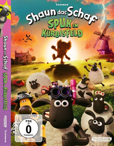 Text: "Shaun das Schaf Spuk im Kürbisfeld". Illustration von Shaun und anderen Schafen auf einem Feld, Windmühle im Hintergrund.