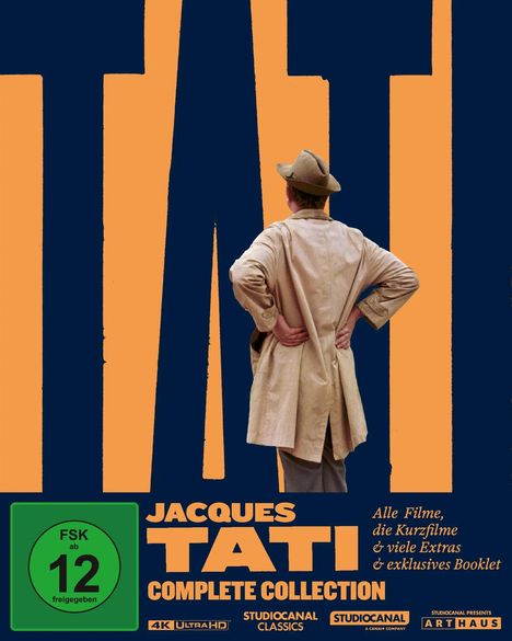 „FSK ab 12 freigegeben“; „JACQUES TATI COMPLETE COLLECTION“. Ein Mann in Mantel und Hut, von hinten sichtbar.