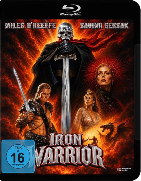 „Miles O'Keeffe, Savina Gersak, Iron Warrior“ in markantem Stil. Illustration: Krieger mit Schwert, zwei Frauen, feuerglutiger Hintergrund.