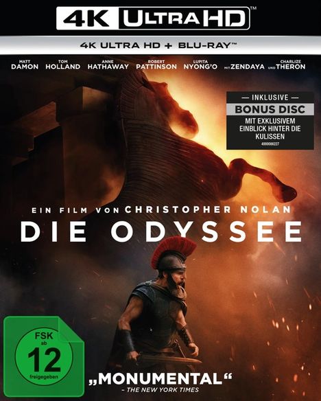 "4K Ultra HD", "Die Odyssee", "Bonus Disc". Ein Krieger in Rüstung vor einem riesigen Pferdekopf, neblige Atmosphäre.