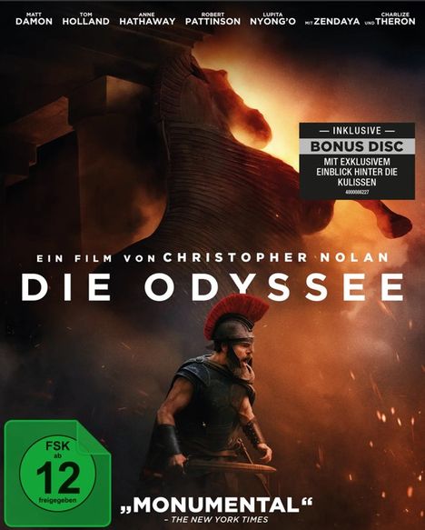 „Die Odyssee“, ein Film von Christopher Nolan. Bonus Disc inklusive. Ein Krieger in Bronze-Rüstung vor monumentaler Szenerie.