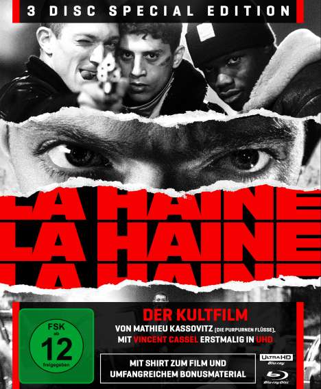 La Haine - Hass (Ultra HD Blu-ray &amp; Blu-ray im Digipack), 1 Ultra HD Blu-ray, 2 Blu-ray Discs und 1 T-Shirt