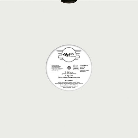 Ein Vinyl-Label zeigt den Text: "My Love (Art of Tones Remix)", "My Love (Radio Edit)", "Al Sunny", oben "Légère".