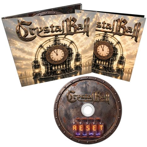 "Crystal Ball" und "RESET" sind in einem Metall-Design. Ein großes Uhrwerk ist zentral mit futuristischer Kulisse.