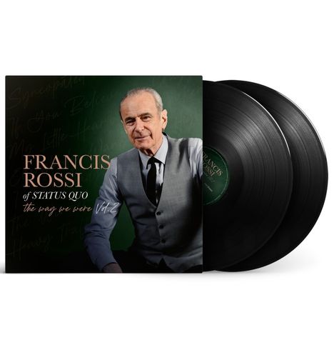 Francis Rossi, of Status Quo, the way we were, Vol. 2. Älterer Mann in Anzugweste vor grünem Hintergrund.